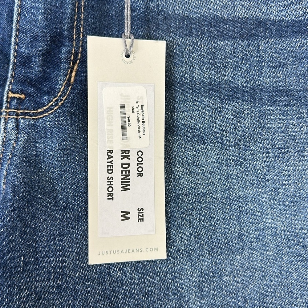JUST USA Blue Denim Jean HighRise Cutoff frayed Shorts Medium NWT - Picture 2 of 9